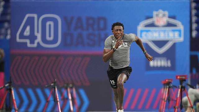 Mar 3, 2023; Indianapolis, IN, USA; Mississippi State defensive back Emmanuel Forbes (DB12) participates in drills at Lucas Oil Stadium. Mandatory Credit: Kirby Lee-USA TODAY Sports